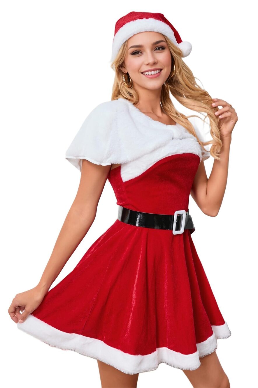 8710 Christmas Costumes Sexy Santa Dress with Velvet Cape anf Belt